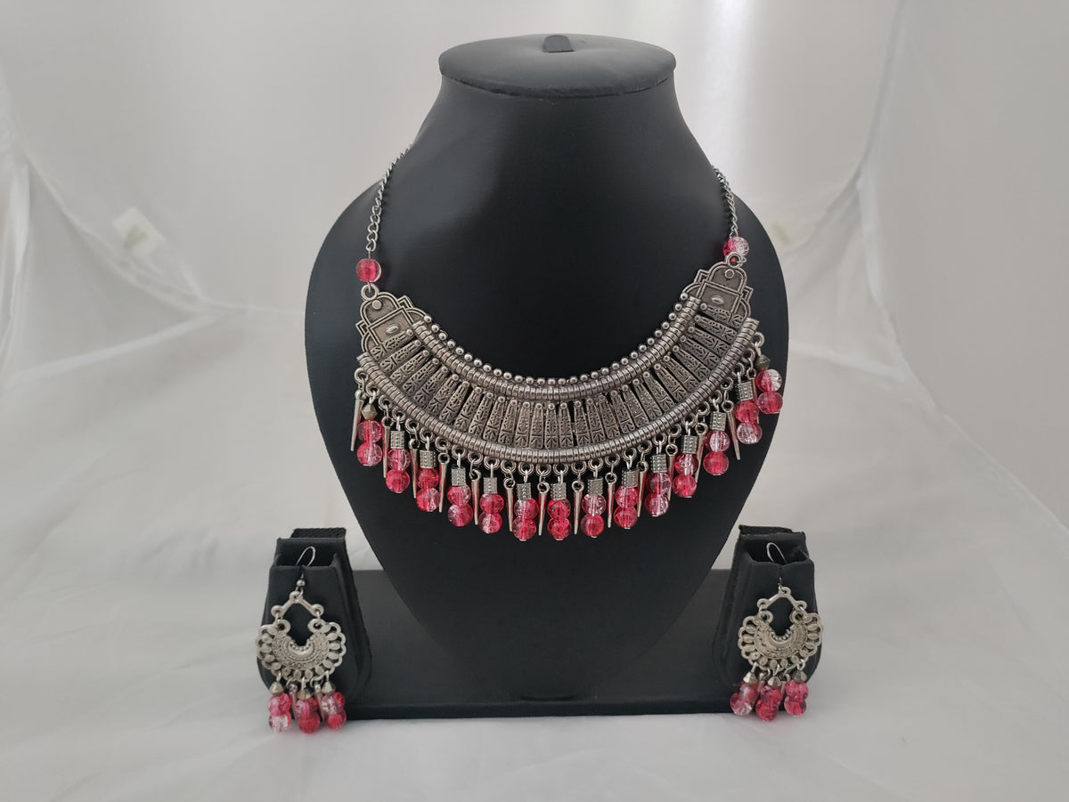Beaded oxidised silver necklace and earrings set