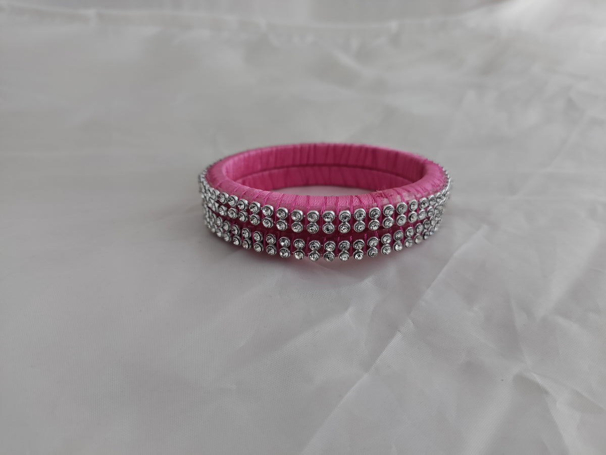 Pink and silver silk thread bangles