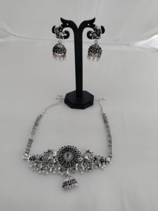 Oxidised silver choker with peacock design (sku00047)