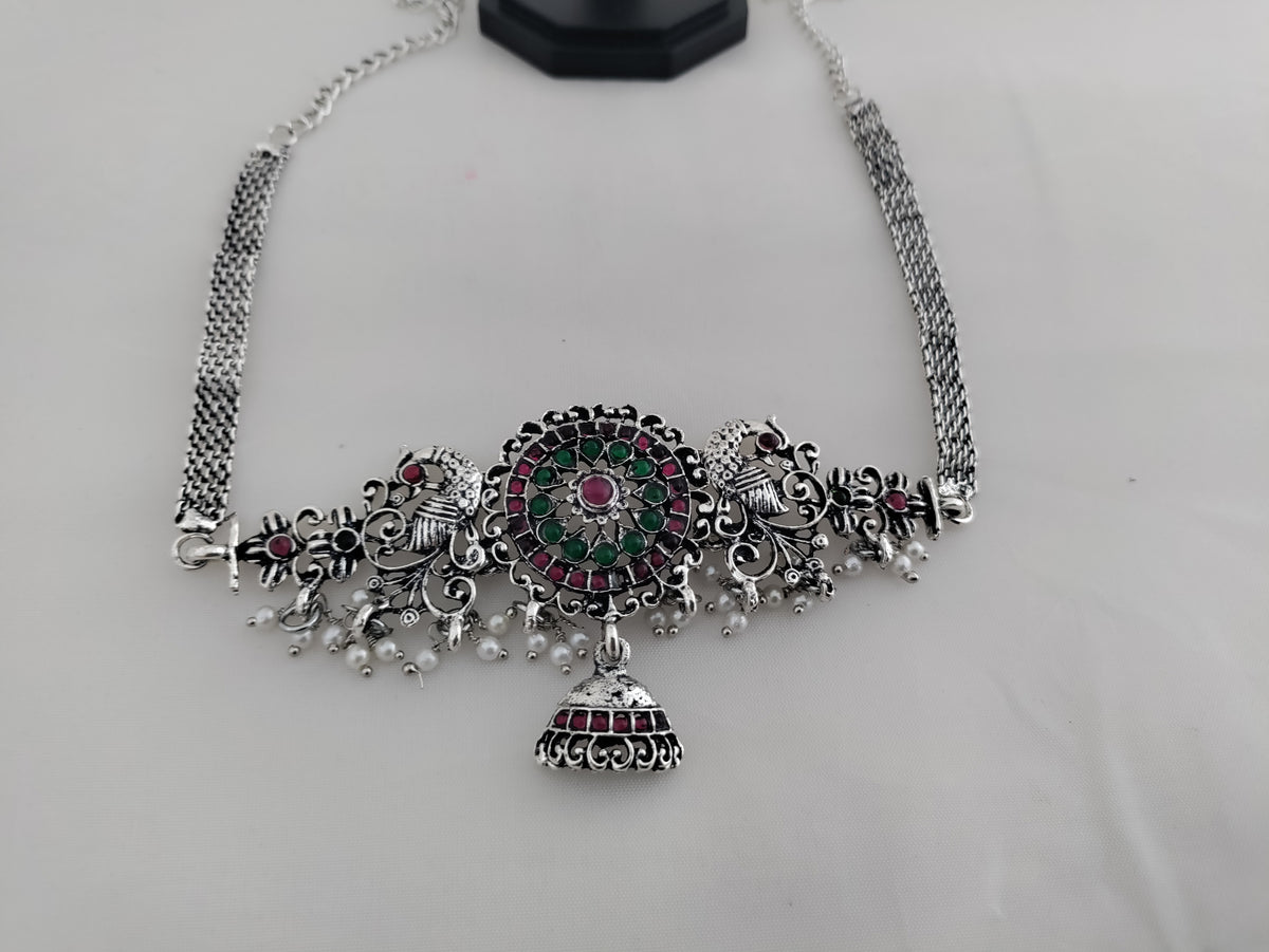 Oxidised silver choker with peacock design (sku00047)