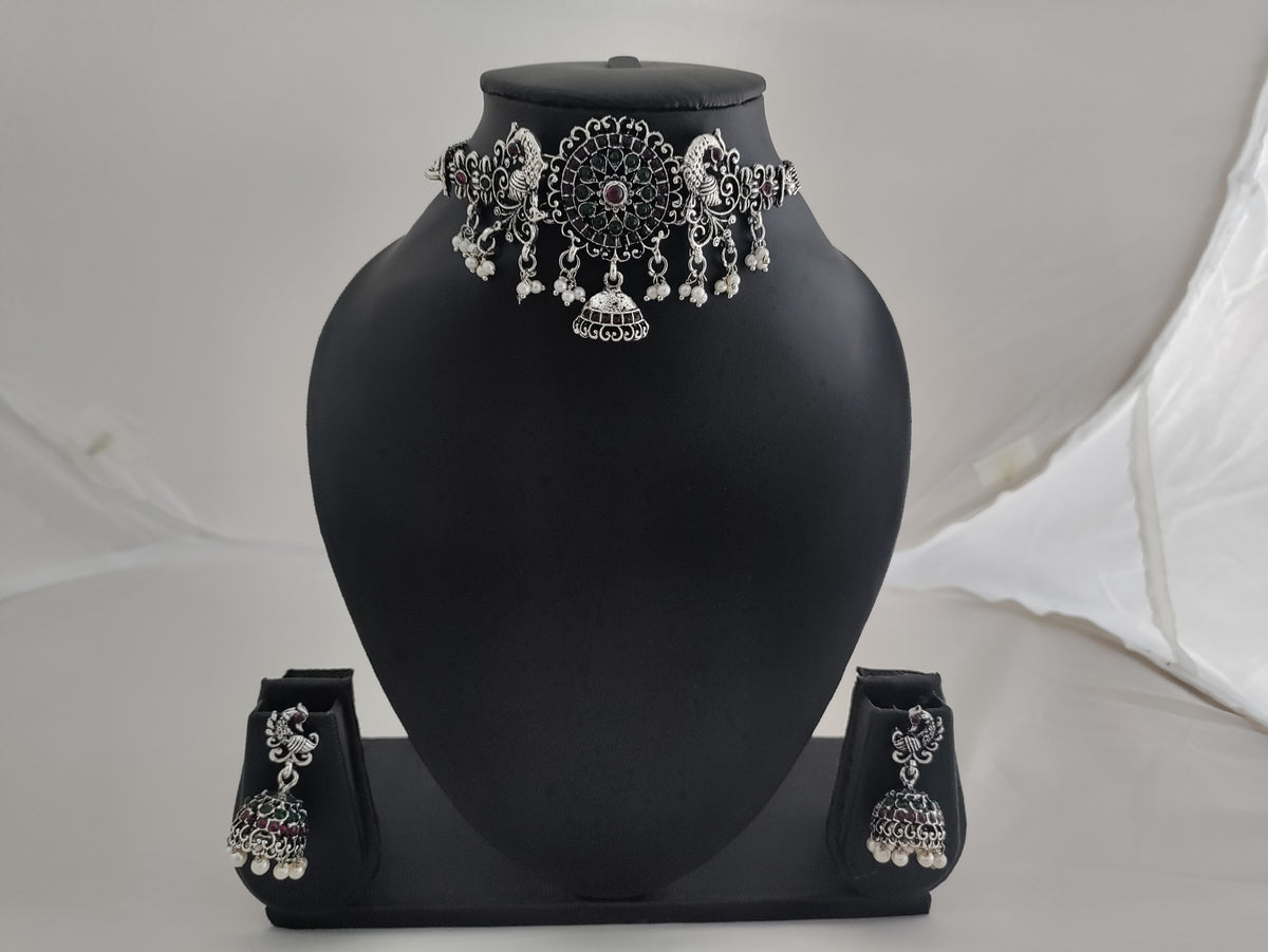 Oxidised silver choker with peacock design (sku00047)