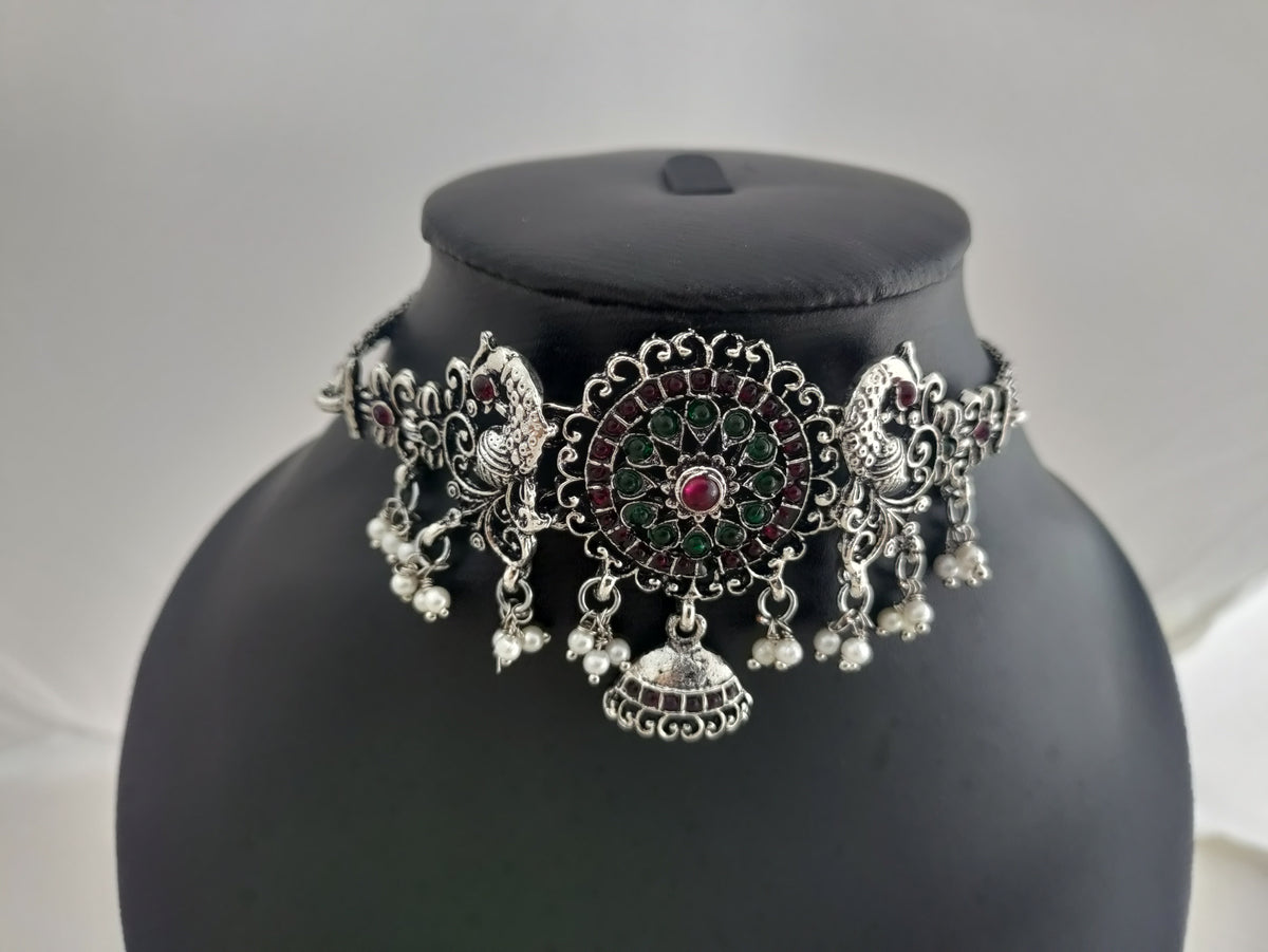 Oxidised silver choker with peacock design (sku00047)