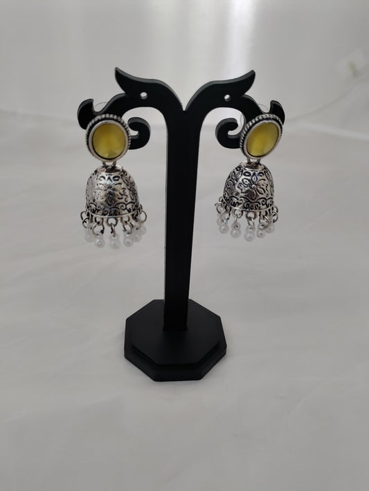 Silver jhumkas with beautiful yellow stone
