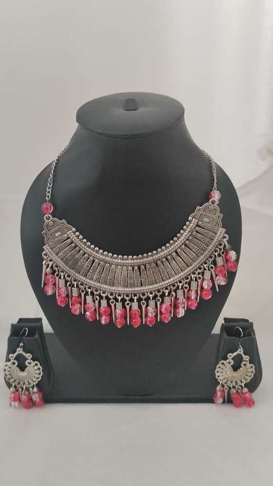 Beaded oxidised silver necklace and earrings set