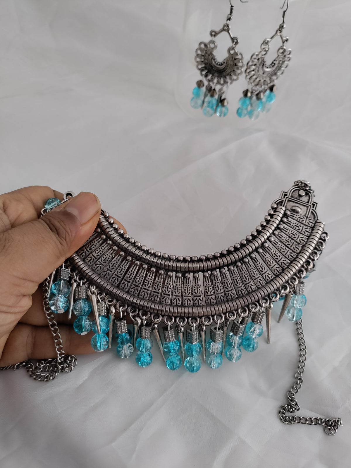 Beaded oxidised silver necklace and earrings set
