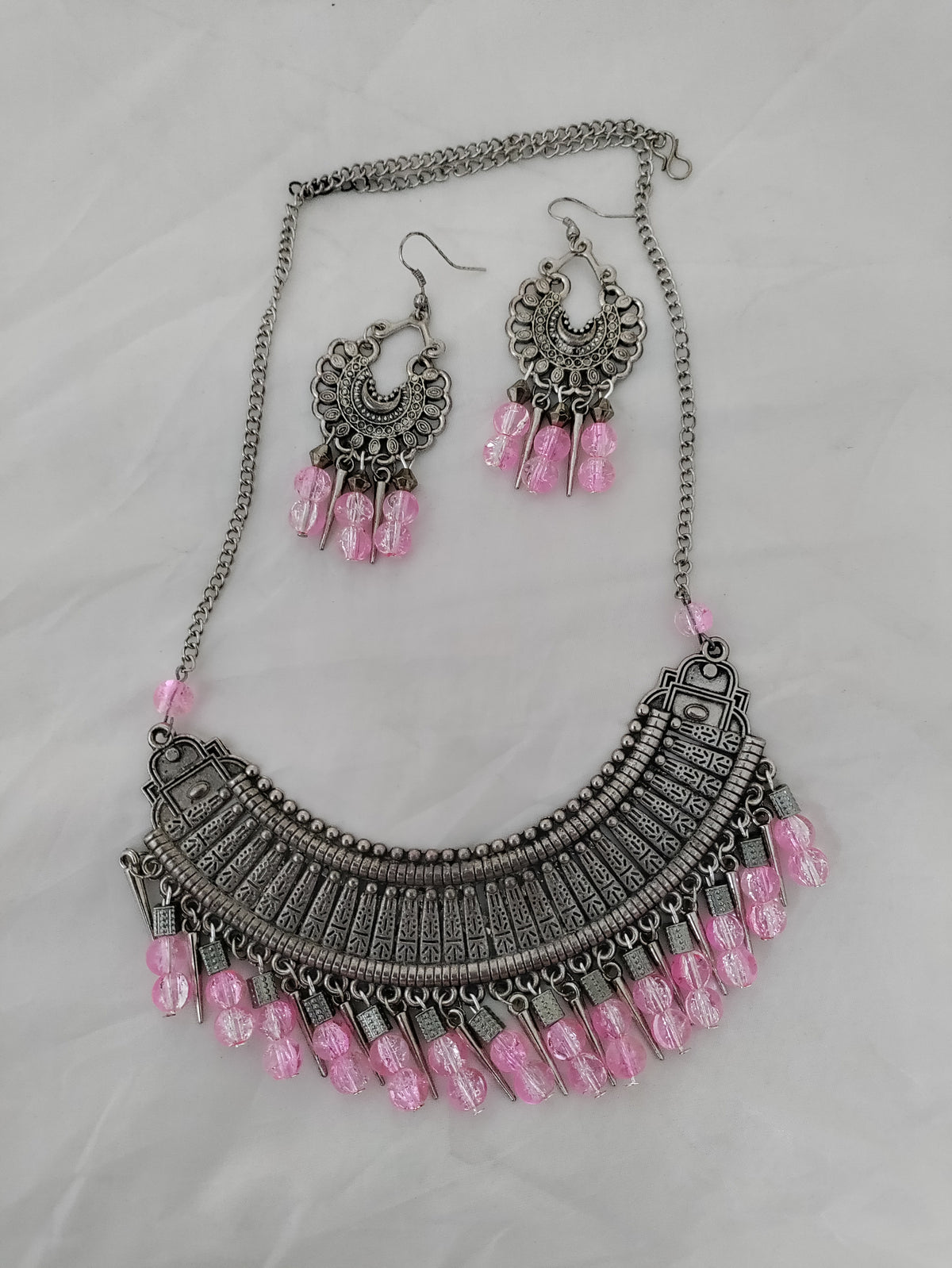 Beaded oxidised silver necklace and earrings set