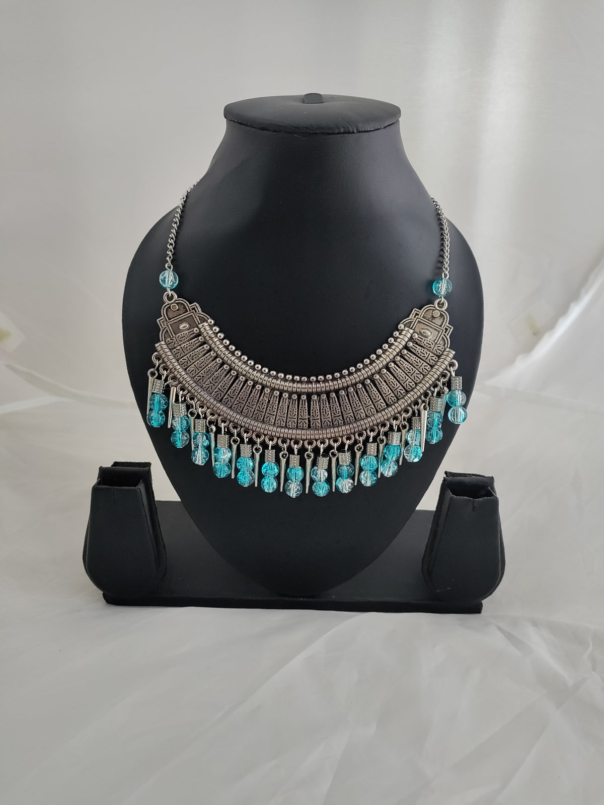 Beaded oxidised silver necklace and earrings set