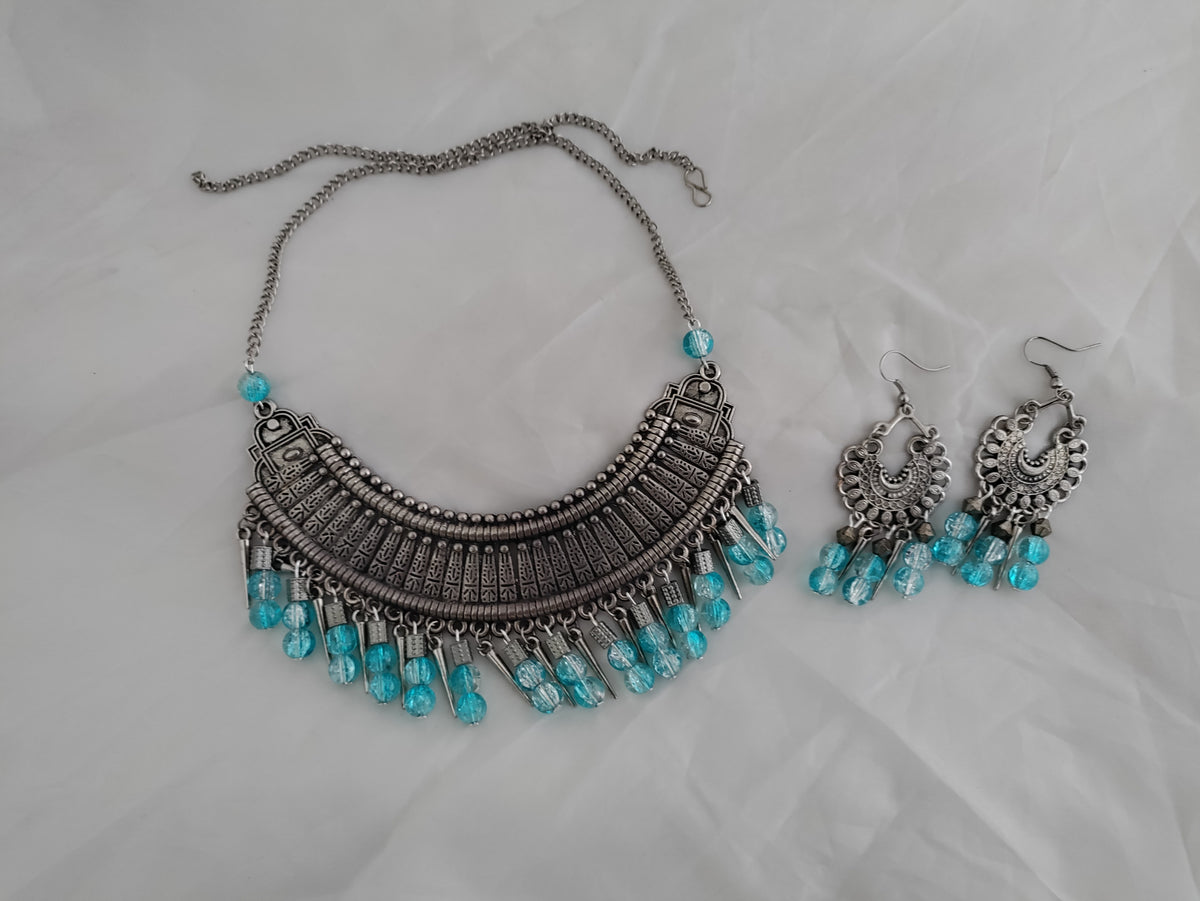 Beaded oxidised silver necklace and earrings set