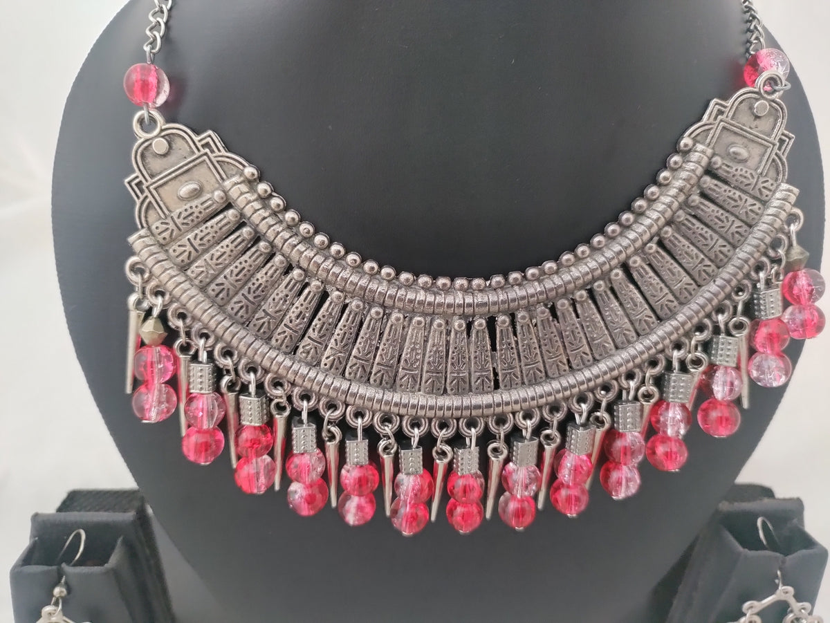 Beaded oxidised silver necklace and earrings set