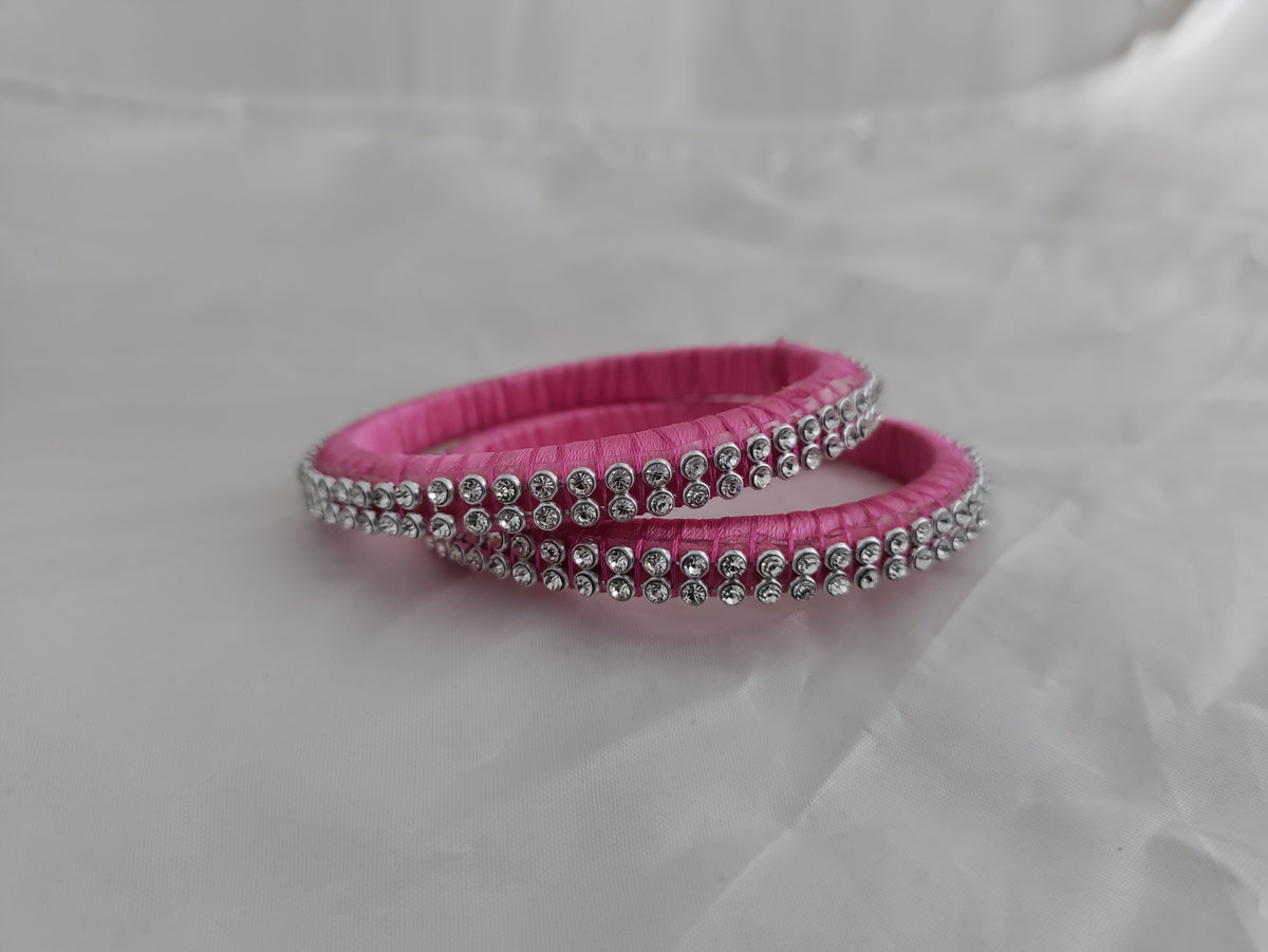 Pink and silver silk thread bangles